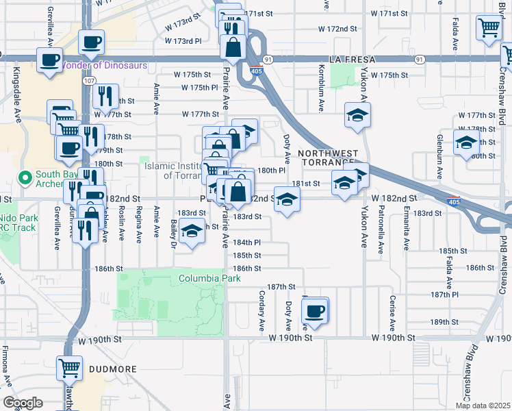 map of restaurants, bars, coffee shops, grocery stores, and more near 3910 West 182nd Street in Torrance