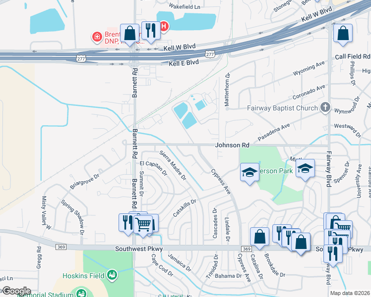 map of restaurants, bars, coffee shops, grocery stores, and more near 5111 Johnson Road in Wichita Falls