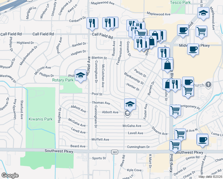 map of restaurants, bars, coffee shops, grocery stores, and more near 4337 Boren Avenue in Wichita Falls