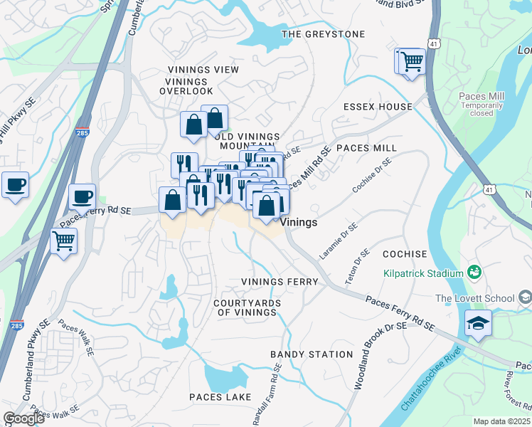 map of restaurants, bars, coffee shops, grocery stores, and more near Paces Ferry Road in Atlanta