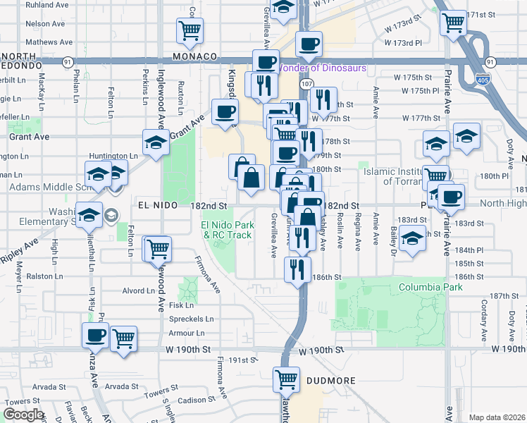 map of restaurants, bars, coffee shops, grocery stores, and more near 4524 182nd Street in Redondo Beach
