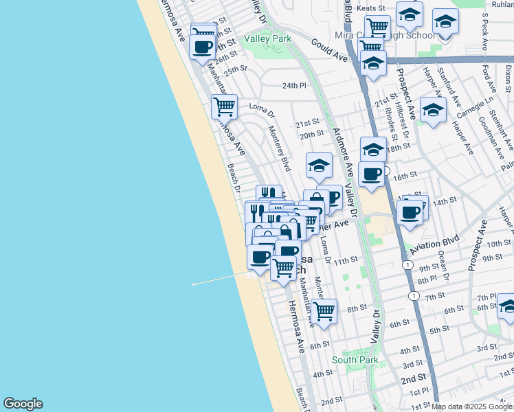 map of restaurants, bars, coffee shops, grocery stores, and more near 63 16th Street in Hermosa Beach