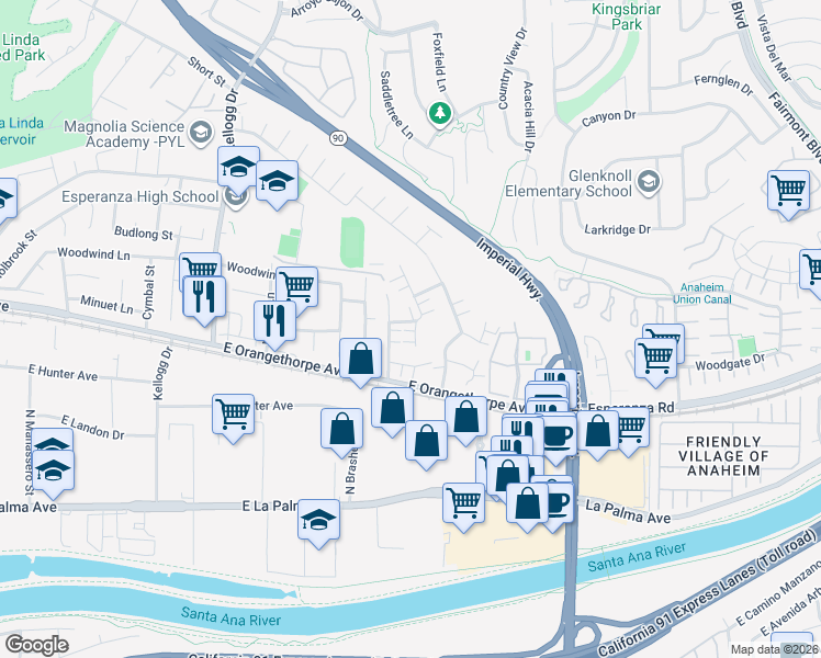 map of restaurants, bars, coffee shops, grocery stores, and more near 1734 North Rainwood Circle in Anaheim