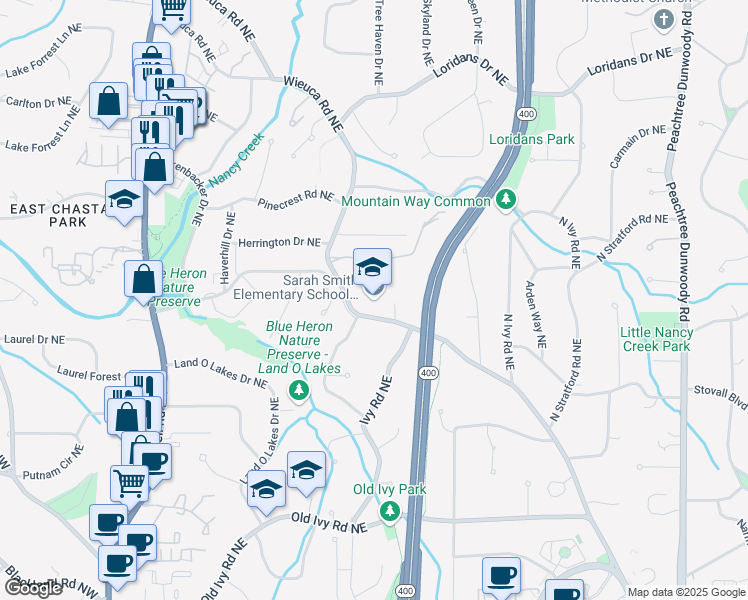 map of restaurants, bars, coffee shops, grocery stores, and more near 4141 Wieuca Road Northeast in Atlanta