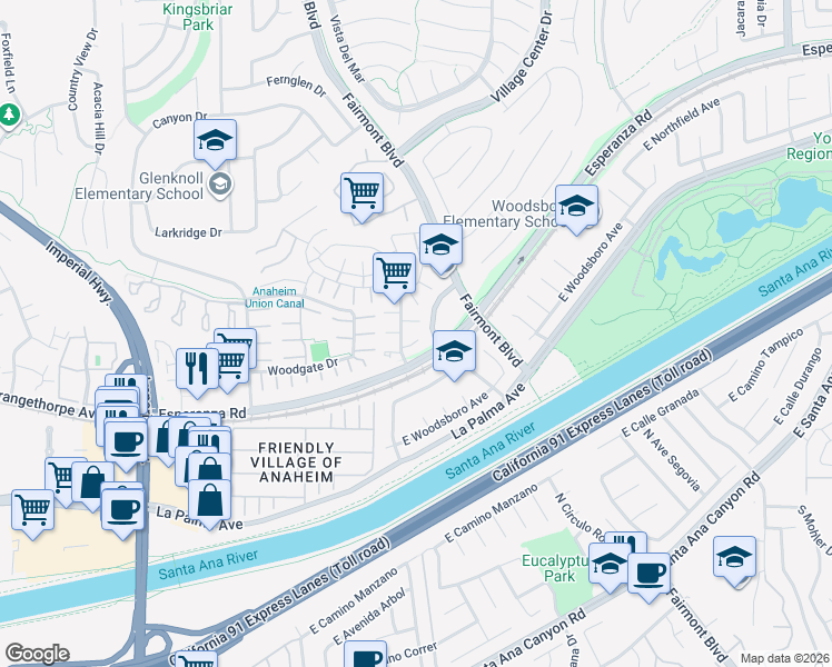 map of restaurants, bars, coffee shops, grocery stores, and more near Flower Gate Lane in Yorba Linda