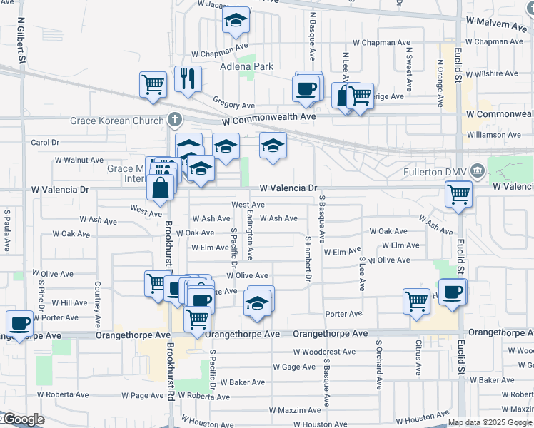 map of restaurants, bars, coffee shops, grocery stores, and more near 1507 West Ash Avenue in Fullerton