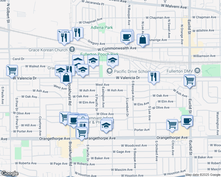 map of restaurants, bars, coffee shops, grocery stores, and more near 1507 West Ash Avenue in Fullerton