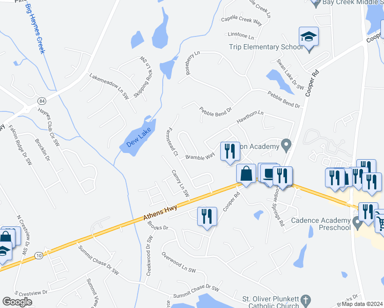 map of restaurants, bars, coffee shops, grocery stores, and more near 828 Bramble Way in Grayson