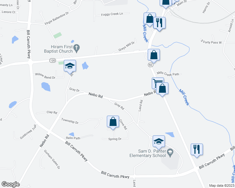 map of restaurants, bars, coffee shops, grocery stores, and more near 7777 Nebo Road in Hiram