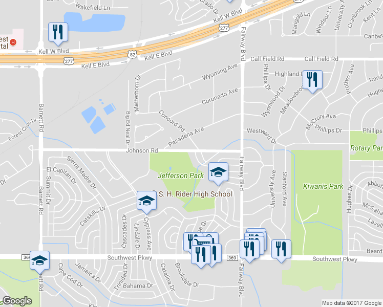 map of restaurants, bars, coffee shops, grocery stores, and more near 4582 Mistletoe Drive in Wichita Falls