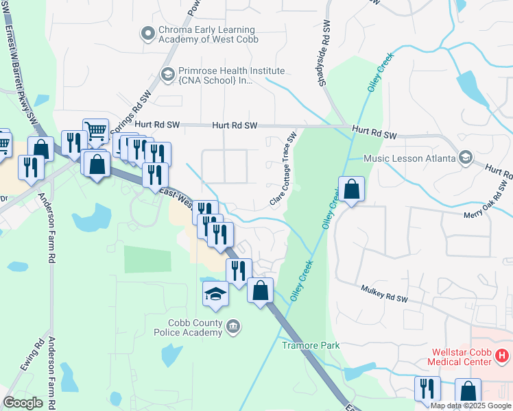 map of restaurants, bars, coffee shops, grocery stores, and more near 2344 Glencairn Lane Southwest in Marietta