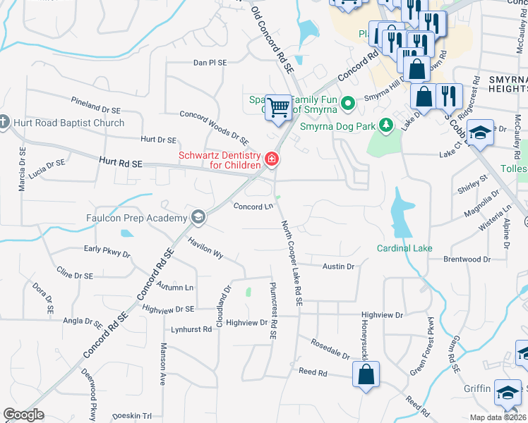 map of restaurants, bars, coffee shops, grocery stores, and more near 516 Concord Lane in Smyrna