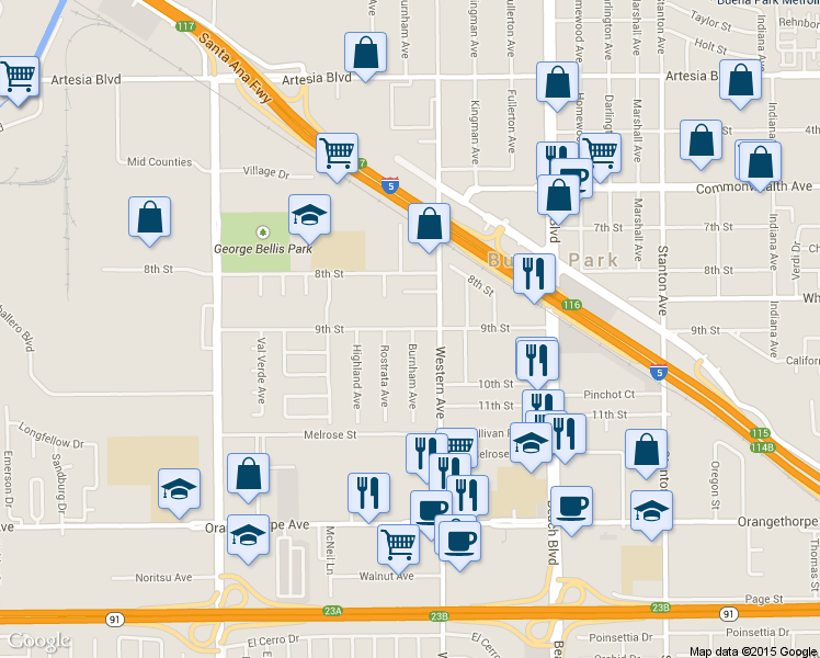 map of restaurants, bars, coffee shops, grocery stores, and more near 7451 9th Street in Buena Park