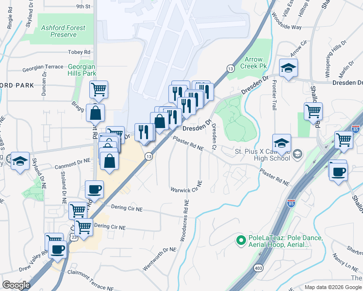 map of restaurants, bars, coffee shops, grocery stores, and more near 2128 Plaster Road Northeast in Atlanta