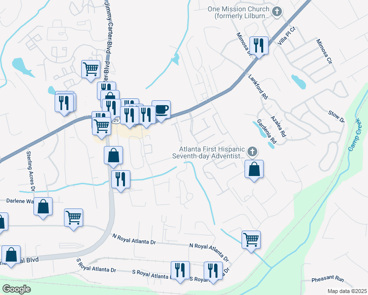 map of restaurants, bars, coffee shops, grocery stores, and more near 703 Summerwalk Parkway in Tucker