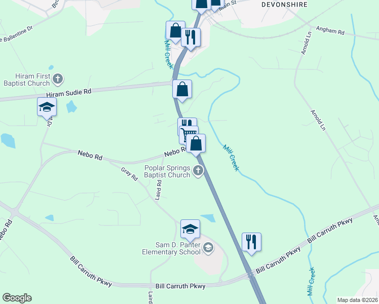 map of restaurants, bars, coffee shops, grocery stores, and more near 8110 Nebo Road in Hiram