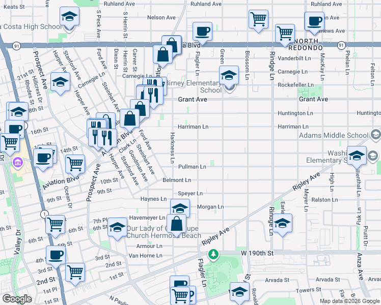 map of restaurants, bars, coffee shops, grocery stores, and more near 2113 Marshallfield Lane in Redondo Beach
