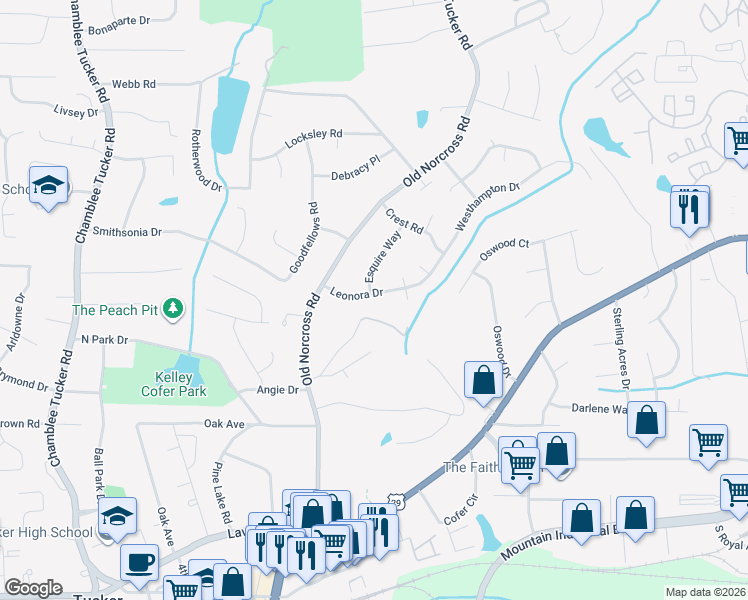 map of restaurants, bars, coffee shops, grocery stores, and more near 4475 Leonora Drive in Tucker