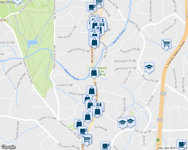 map of restaurants, bars, coffee shops, grocery stores, and more near 4020 Roswell Road Northeast in Atlanta
