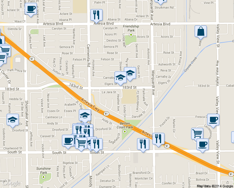 map of restaurants, bars, coffee shops, grocery stores, and more near 13548 La Jara Street in Cerritos
