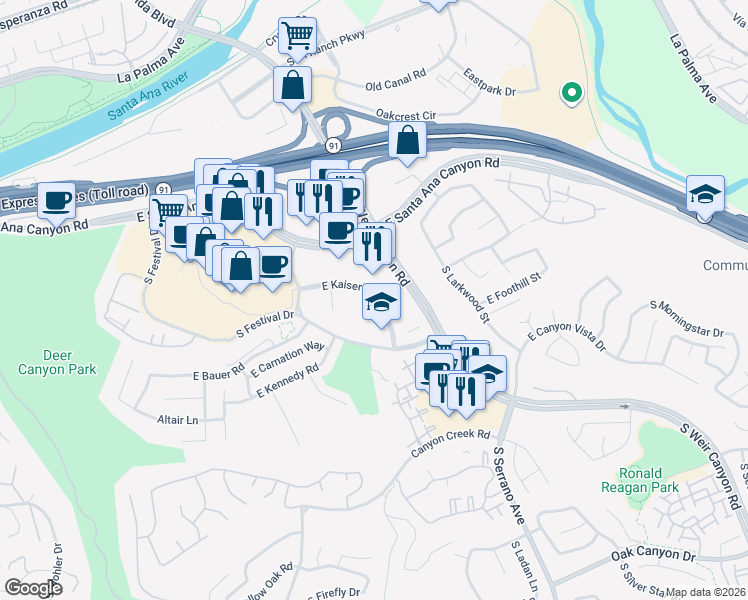 map of restaurants, bars, coffee shops, grocery stores, and more near 8190 East Kaiser Boulevard in Anaheim