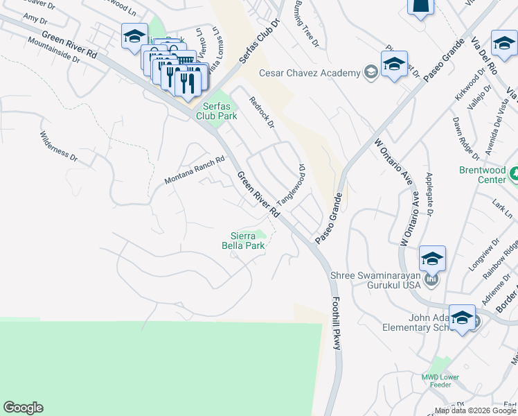 map of restaurants, bars, coffee shops, grocery stores, and more near 2275 Del Mar Way in Corona
