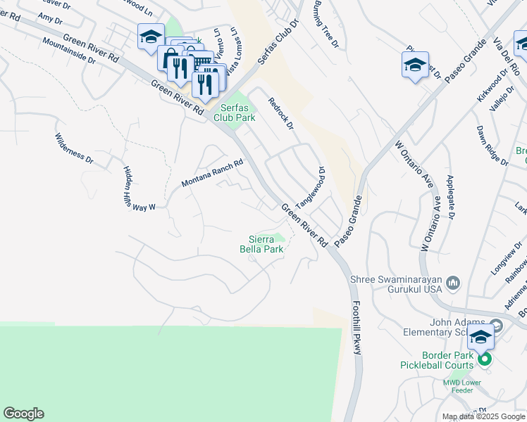 map of restaurants, bars, coffee shops, grocery stores, and more near 2320 Del Mar Way in Corona