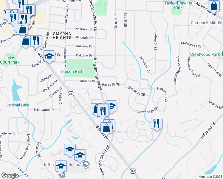 map of restaurants, bars, coffee shops, grocery stores, and more near 1314 Hayes Drive Southeast in Smyrna