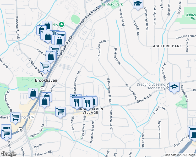 map of restaurants, bars, coffee shops, grocery stores, and more near 2678 Valvedere Drive Northeast in Atlanta