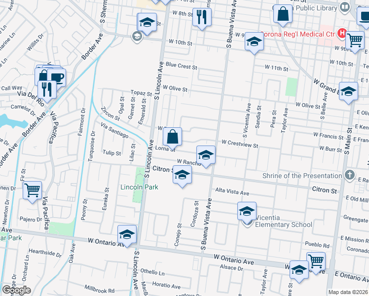 map of restaurants, bars, coffee shops, grocery stores, and more near 996 West Crestview Street in Corona