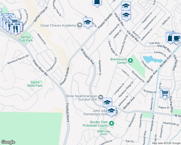 map of restaurants, bars, coffee shops, grocery stores, and more near 2088 Dove Court in Corona