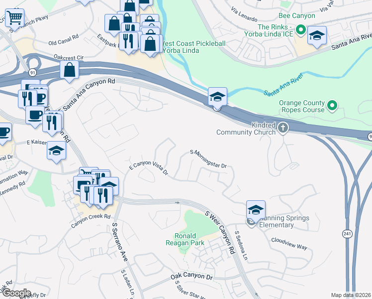 map of restaurants, bars, coffee shops, grocery stores, and more near 493 South Laureltree Drive in Anaheim