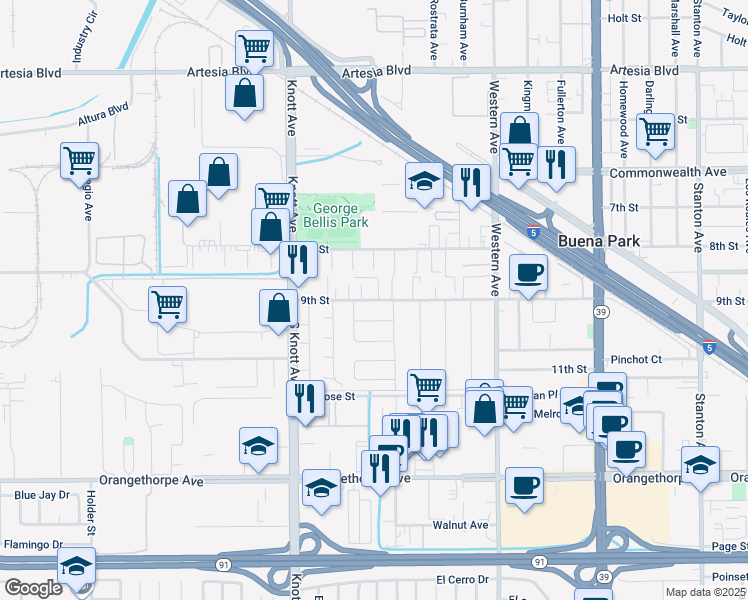 map of restaurants, bars, coffee shops, grocery stores, and more near 7191 9th Street in Buena Park