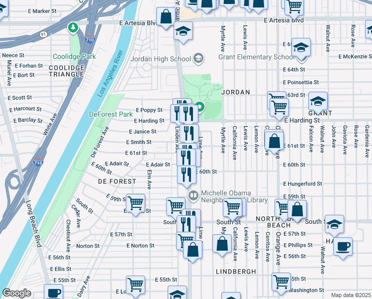 map of restaurants, bars, coffee shops, grocery stores, and more near 6088 Atlantic Avenue in Long Beach