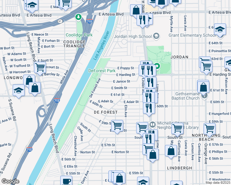 map of restaurants, bars, coffee shops, grocery stores, and more near 376 East Smith Street in Long Beach