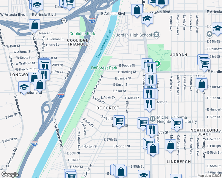 map of restaurants, bars, coffee shops, grocery stores, and more near 340 East Smith Street in Long Beach