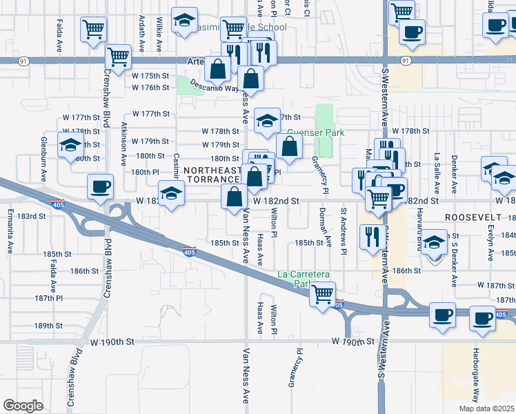 map of restaurants, bars, coffee shops, grocery stores, and more near 2126 West 182nd Street in Torrance
