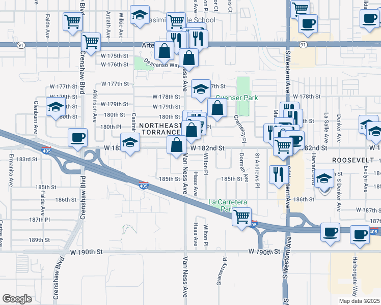 map of restaurants, bars, coffee shops, grocery stores, and more near 2126 West 182nd Street in Torrance