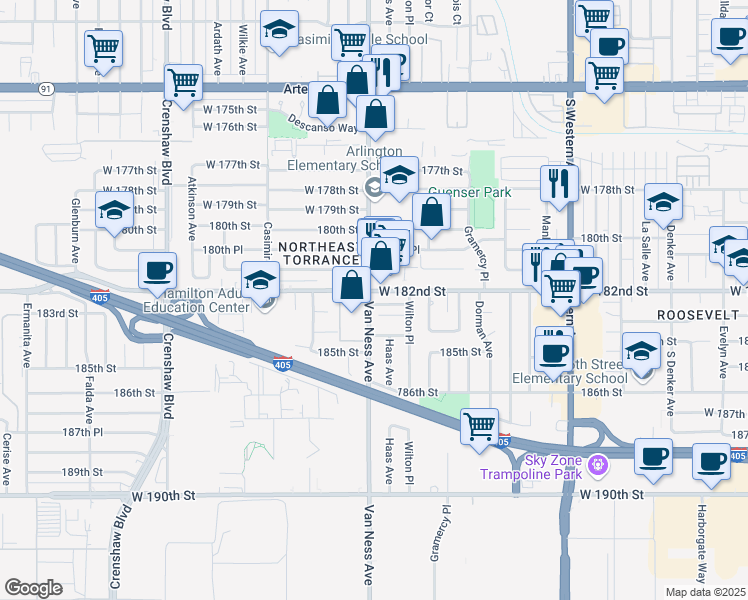 map of restaurants, bars, coffee shops, grocery stores, and more near 2126 West 182nd Street in Torrance