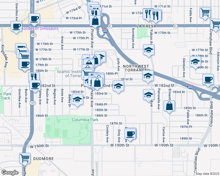 map of restaurants, bars, coffee shops, grocery stores, and more near 3839 West 182nd Street in Torrance