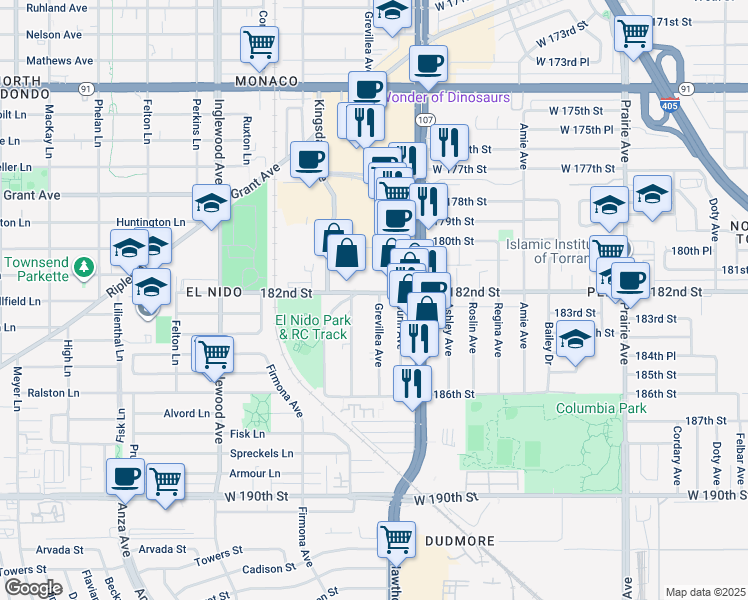 map of restaurants, bars, coffee shops, grocery stores, and more near 4450 182nd Street in Redondo Beach