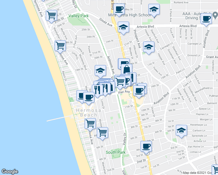 map of restaurants, bars, coffee shops, grocery stores, and more near 1529 Valley Drive in Hermosa Beach