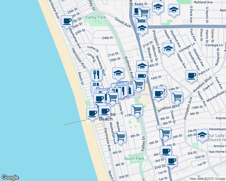 map of restaurants, bars, coffee shops, grocery stores, and more near 1645 Valley Drive in Hermosa Beach