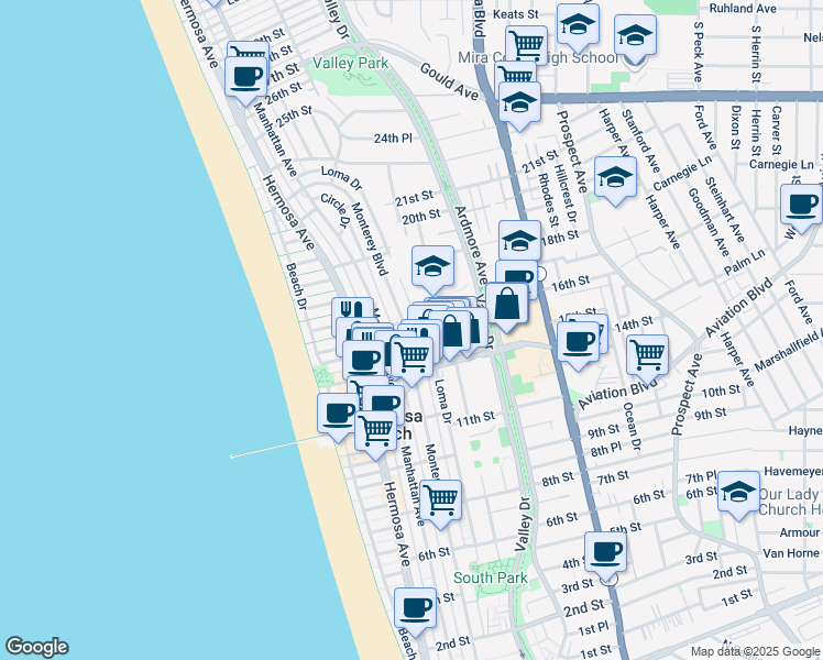 map of restaurants, bars, coffee shops, grocery stores, and more near 1645 Valley Drive in Hermosa Beach