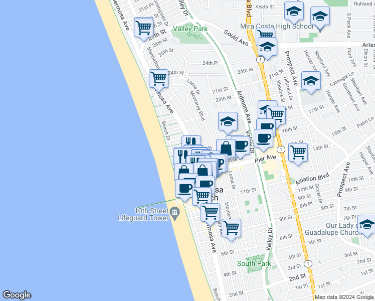 map of restaurants, bars, coffee shops, grocery stores, and more near in Hermosa Beach