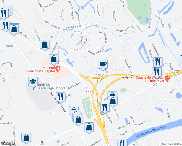 map of restaurants, bars, coffee shops, grocery stores, and more near 4251 Villas Drive in Little River