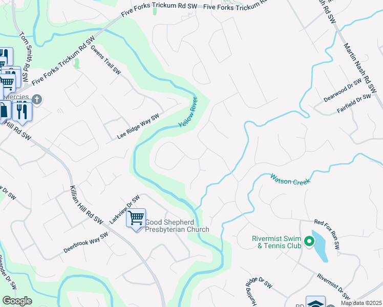 map of restaurants, bars, coffee shops, grocery stores, and more near 3741 Windhurst Drive Southwest in Lilburn