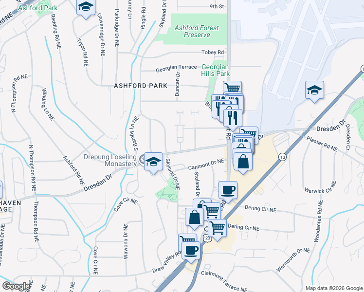 map of restaurants, bars, coffee shops, grocery stores, and more near 2651 Dresden Place in Brookhaven