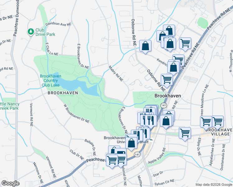 map of restaurants, bars, coffee shops, grocery stores, and more near 2670 Mabry Road Northeast in Brookhaven