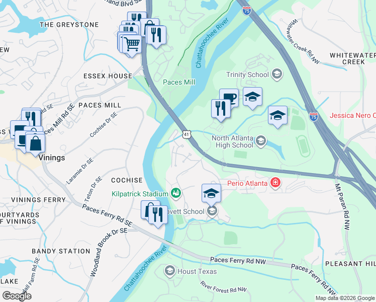 map of restaurants, bars, coffee shops, grocery stores, and more near 4409 Paces Battle Northwest in Atlanta